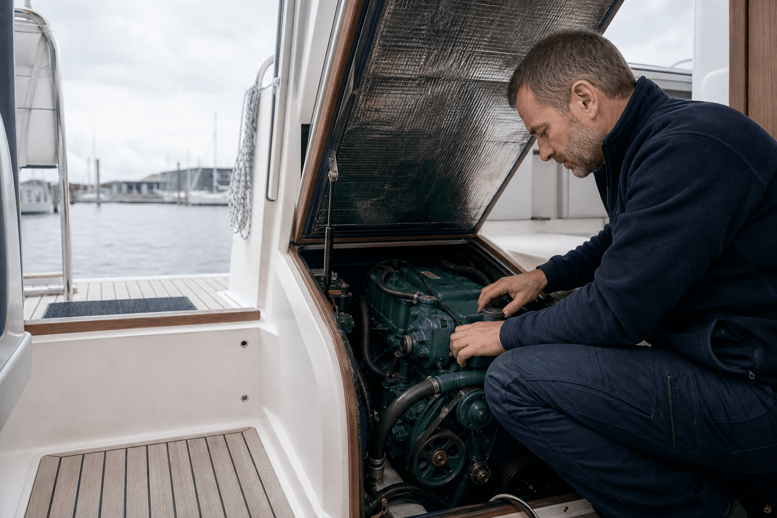 Bootseigner prüft den Innenbordmotor seiner Yacht